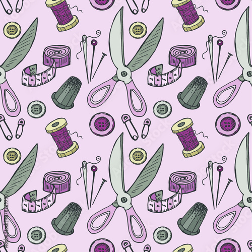 Seamless pattern with sewing tools. Vector hand drawn collection