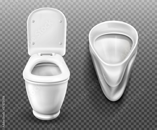 Toilet bowl and urinal for bathroom, restroom, modern male WC. Vector realistic set of white ceramic pissoir and lavatory with flush tank and open seat lid isolated on transparent background