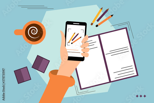 Desktop in the office illustration. Workplace with a book, a modern smartphone, notes and a Cup of coffee. Vector illustration in flat style.