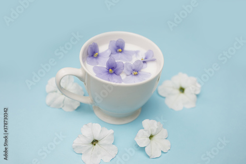 White Cup with vegan milk and flowers on a blue background. The concept of vegetarian drinks and food  herbal teas  beauty and health. Spa salon  copy space. Close-up photo