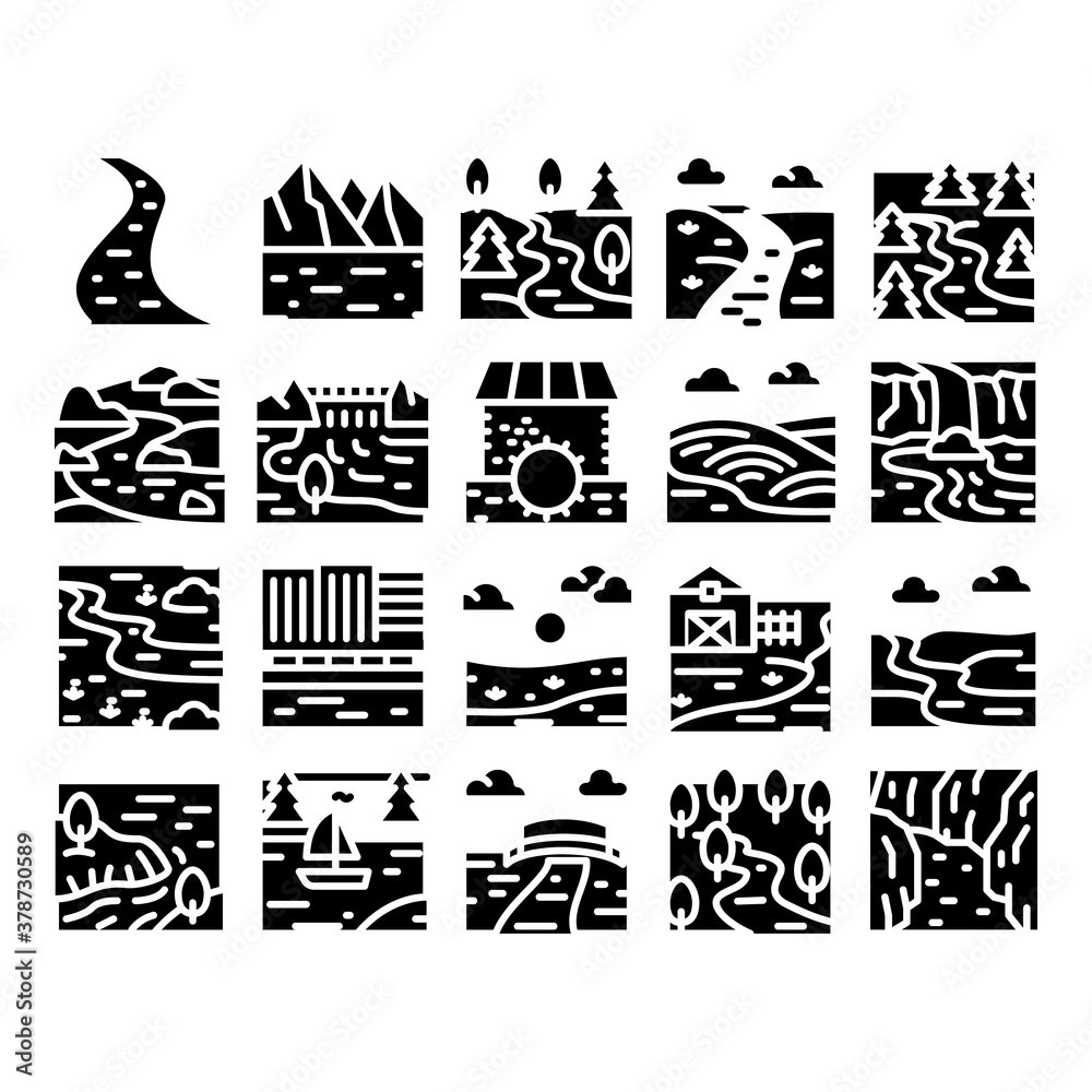 River Landscape Glyph Set Vector. River With Mountain And Forest ...