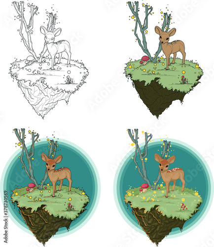 Cartoon deer in a fairy forest scene. Colorful bambi vector illustration template in color and black and white for wallpaper, games, background, pattern, decor. Print for fabrics and other surfaces. C