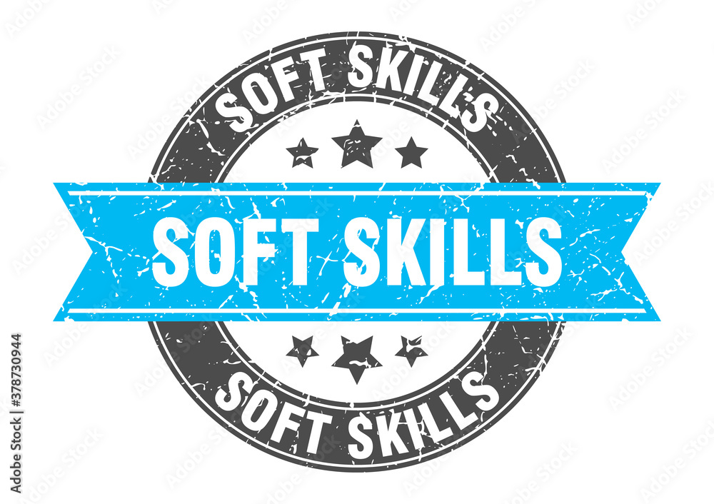 soft skills round stamp with ribbon. label sign