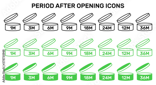 Period after open icons set. PAO symbols. Round box with cap opened. Expiration period in months signs for cosmetic packaging on transparent background.