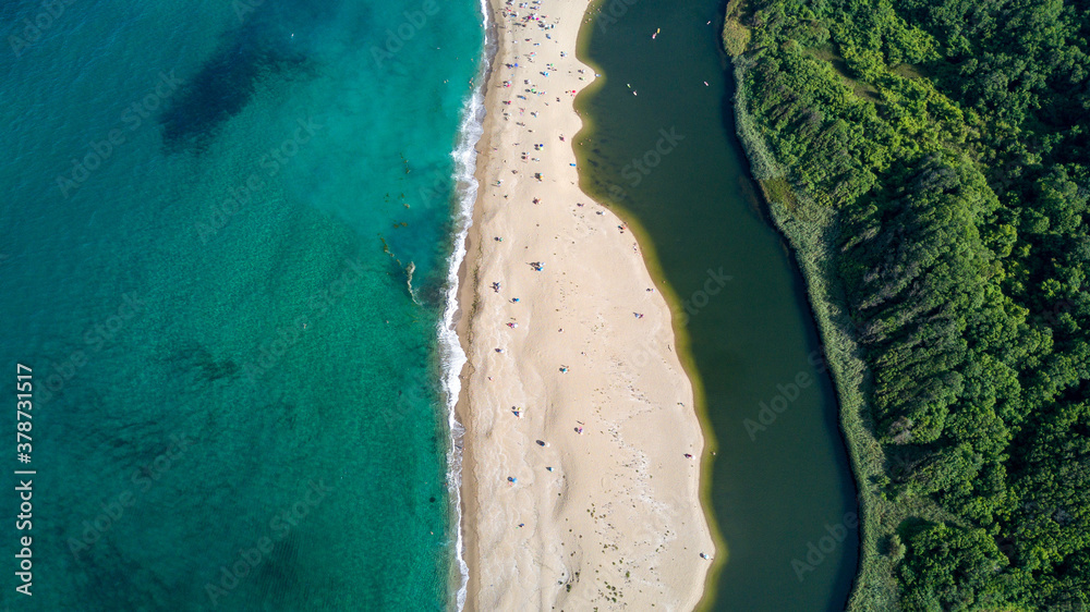 aerial view drone sea, beach and river