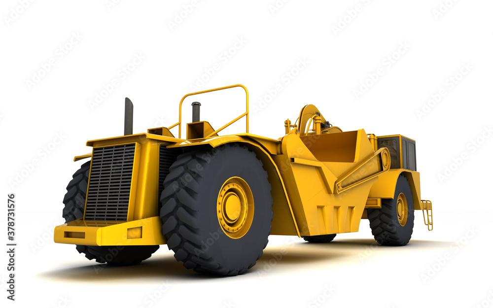 New clean wheel tractor scraper isolated on white background. Rear side view. 3D illustration