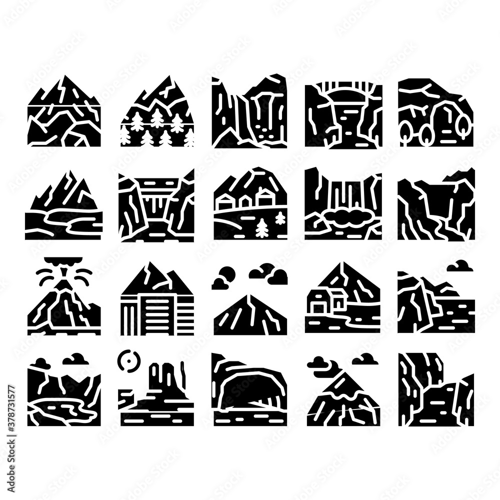 Mountain Landscape Glyph Set Vector. Forest And Camping On Mountain, Volcano And Cave, City Buildings And Bridge Glyph Pictograms Black Illustrations