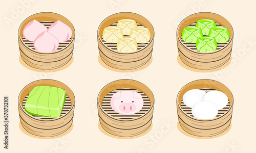 set of steamed dumplings dim sum in the box, vector illustration