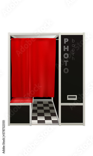 classic outdoor black photo booth with red curtain isolated on white background. 3d realistic vector illustration