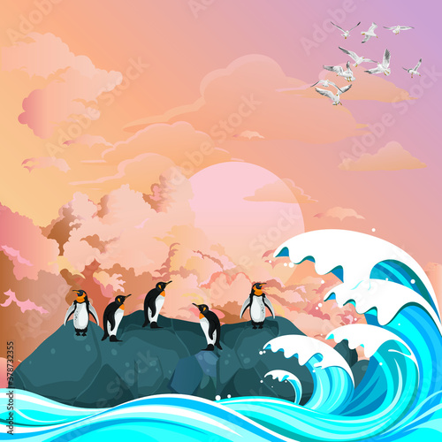 Penguins on rocky outcrop sheltering from rough seas set against a dawn or dusk pink sky