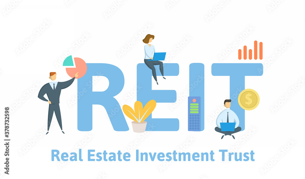 REIT, Real Estate Investment Trust. Concept with keywords, people and icons. Flat vector illustration. Isolated on white.