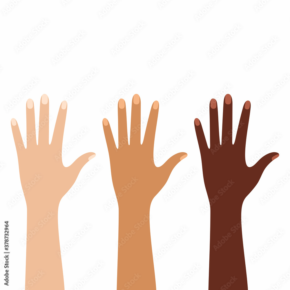 Racial diversity-hands on a white background of different skin colors.