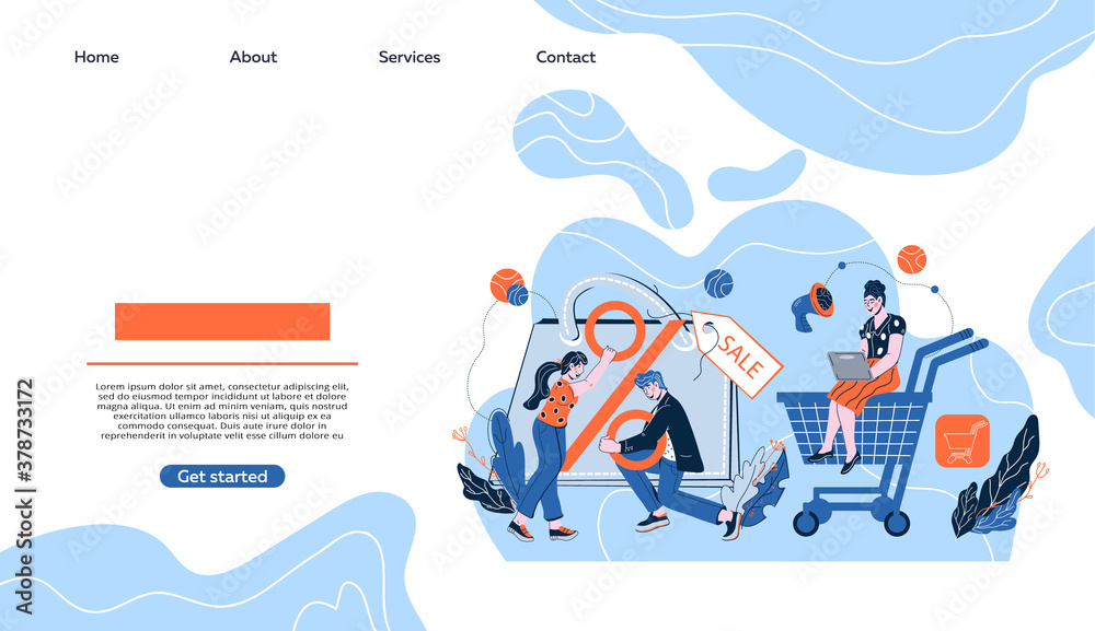 Obraz premium Sale website banner mockup with people shopping online. Sale and discount event ad for digital marketing, flat cartoon vector illustration.