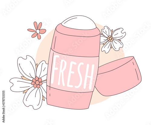 Women deodorant for girls pink color with flowers inscription Fresh.