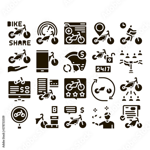 Bike Sharing Business Glyph Set Vector. Bike Share Deal And Agreement, Web Site And Phone Application, Helmet And Bicycle Parking Glyph Pictograms Black Illustrations