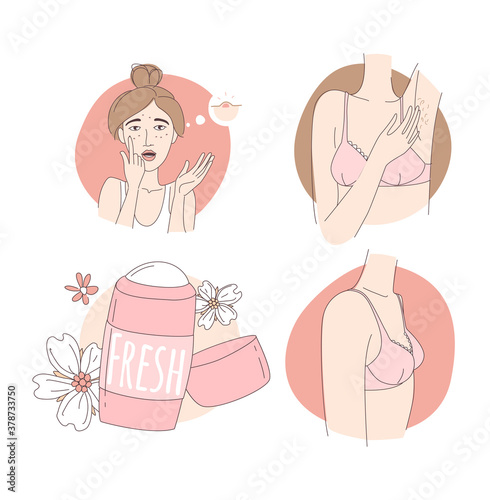 Pimples on face. Hair in armpits. Breast development. Women deodorant.