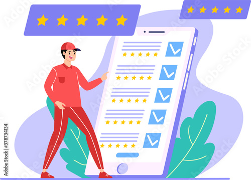 Five star customer service review, five star positive feedback, Modern flat illustration design for landing page website