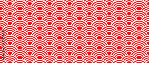 Seigaiha or Seigainami literally means wave of the sea, ocean waves. Traditional Chinese, Japanese texture. Oriental New Year. Flat vector seamless ornament background concept. Red wave pattern.