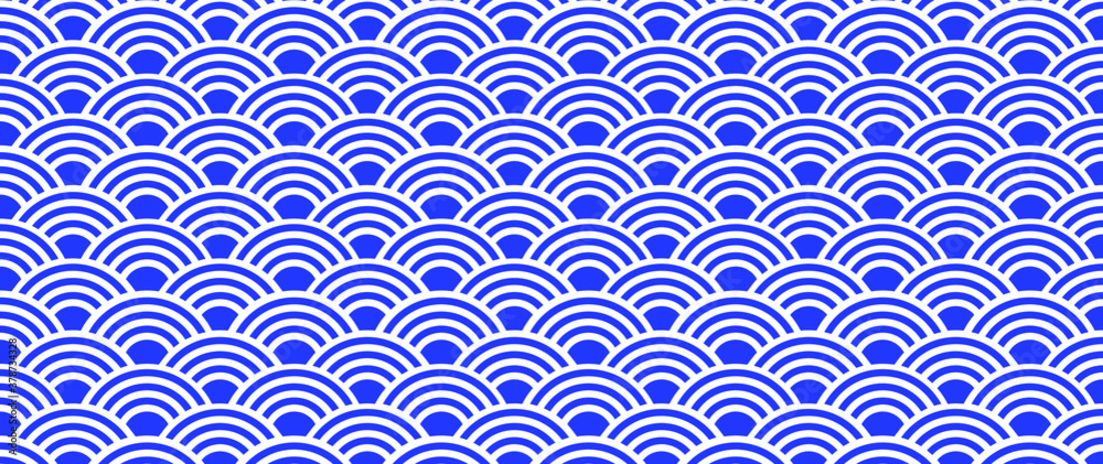 Seigaiha or Seigainami literally means wave of the sea, ocean waves. Traditional Chinese, Japanese texture. Oriental New Year. Flat vector seamless ornament background concept. Blue wave pattern. Seigaiha or Seigainami literally means wave of the sea, ocean waves. Traditional Chinese, Japanese texture. Oriental New Year. Flat vector seamless ornament background concept. Blue wave pattern.