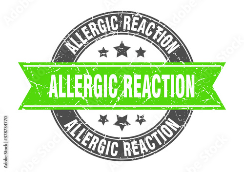 allergic reaction round stamp with ribbon. label sign