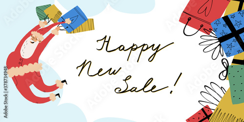 Santa Claus in jump with a lot of shopper paper bags with presents, various gift boxes nearby, Happy New Sale lettering.