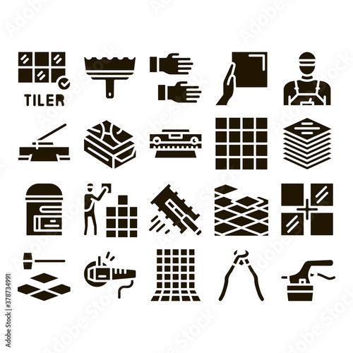 Tiler Work Equipment Glyph Set Vector. Tiler Rectangular Notched Trowel And Electrical Tile Cutter, Level Tool And Grinder Glyph Pictograms Black Illustrations