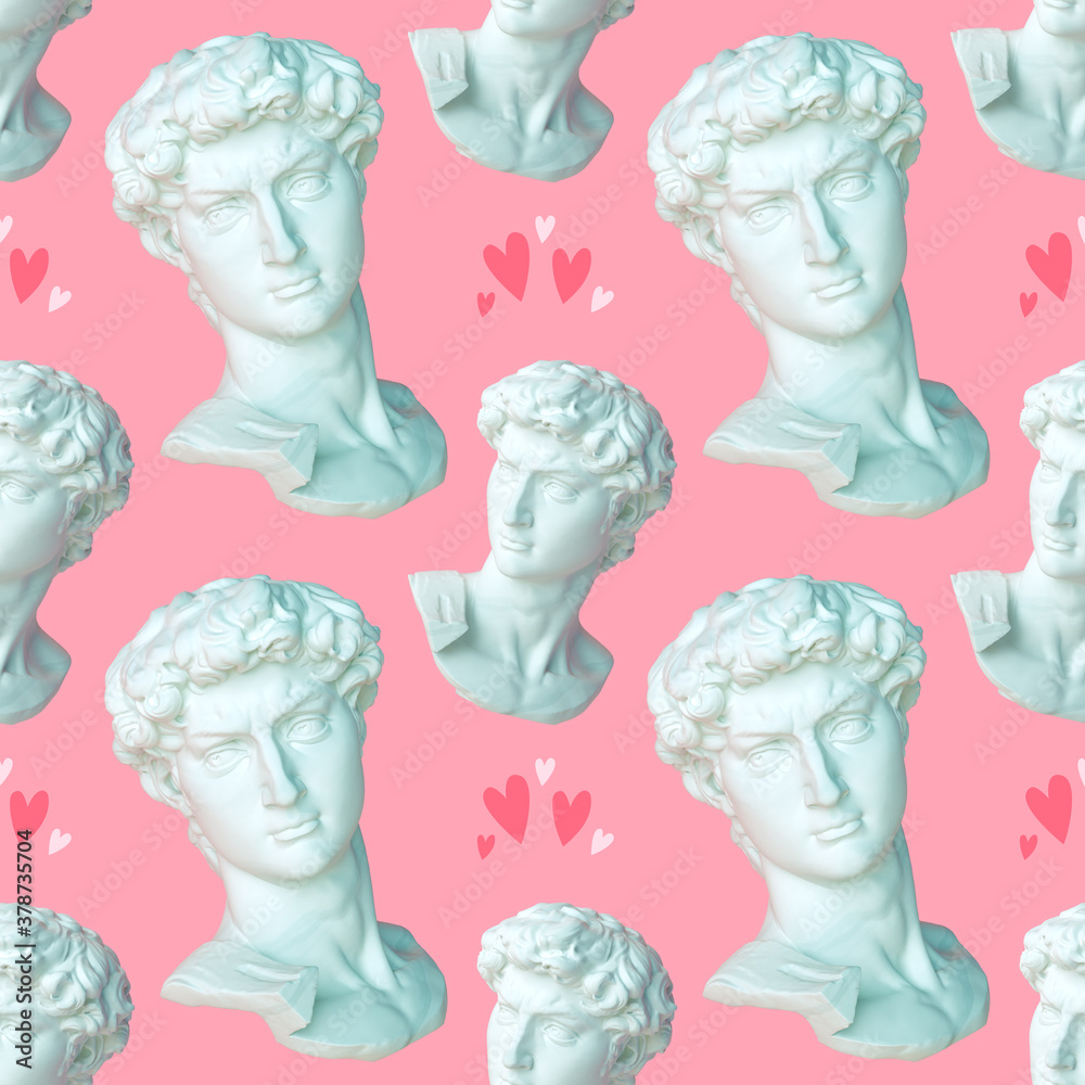 Obraz premium Seamless pattern with Head of Michelangelo's David and hearts on a pink background. 3d render illustration. 