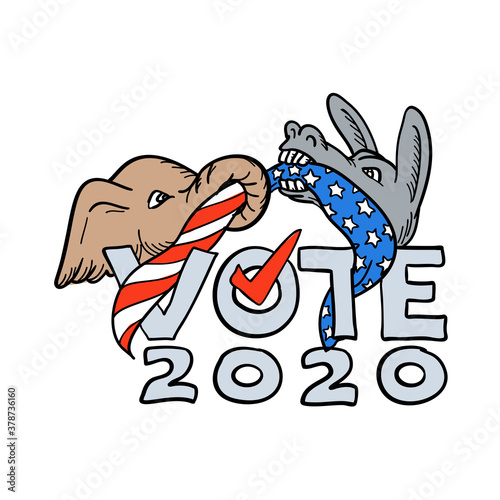 Cartoon style illustration of a Republican elephant and Democratic donkey in tug-o-war with USA stars and stripes flag with words Vote 2020 on isolated background done in full color.