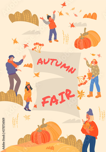 Autumn fair or harvest festival banner or poster layout with cartoon people. Poster, flyer or banner template on annual autumn or fall season sales events, flat vector illustration.