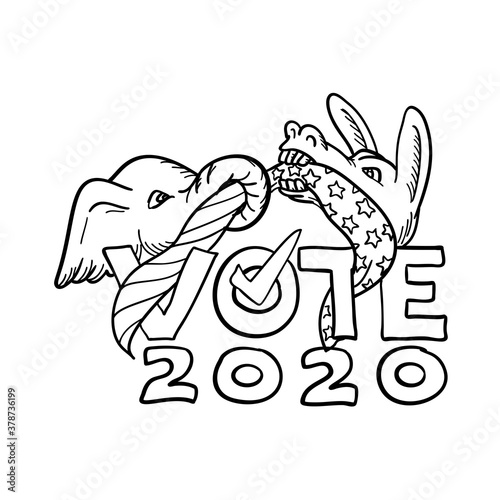 Republican Elephant and Democratic Donkey in Tug-O-War USA Flag Vote 2020 Cartoon Black and White