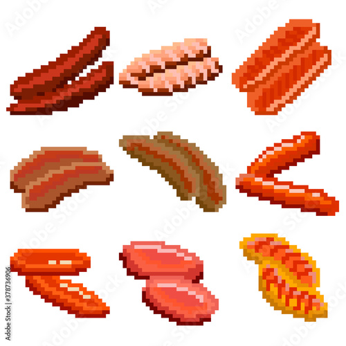 A set of nine food items consisting of pixels. Various sausages. Old graphics  interesting images for games  websites  restaurant menus  and much more.