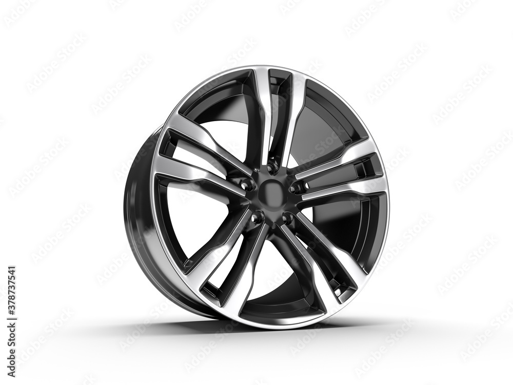 Black car alloy wheel, isolated over white background. 3D rendering illustration.