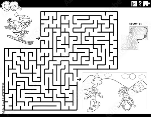 maze game with skiing girls coloring book page
