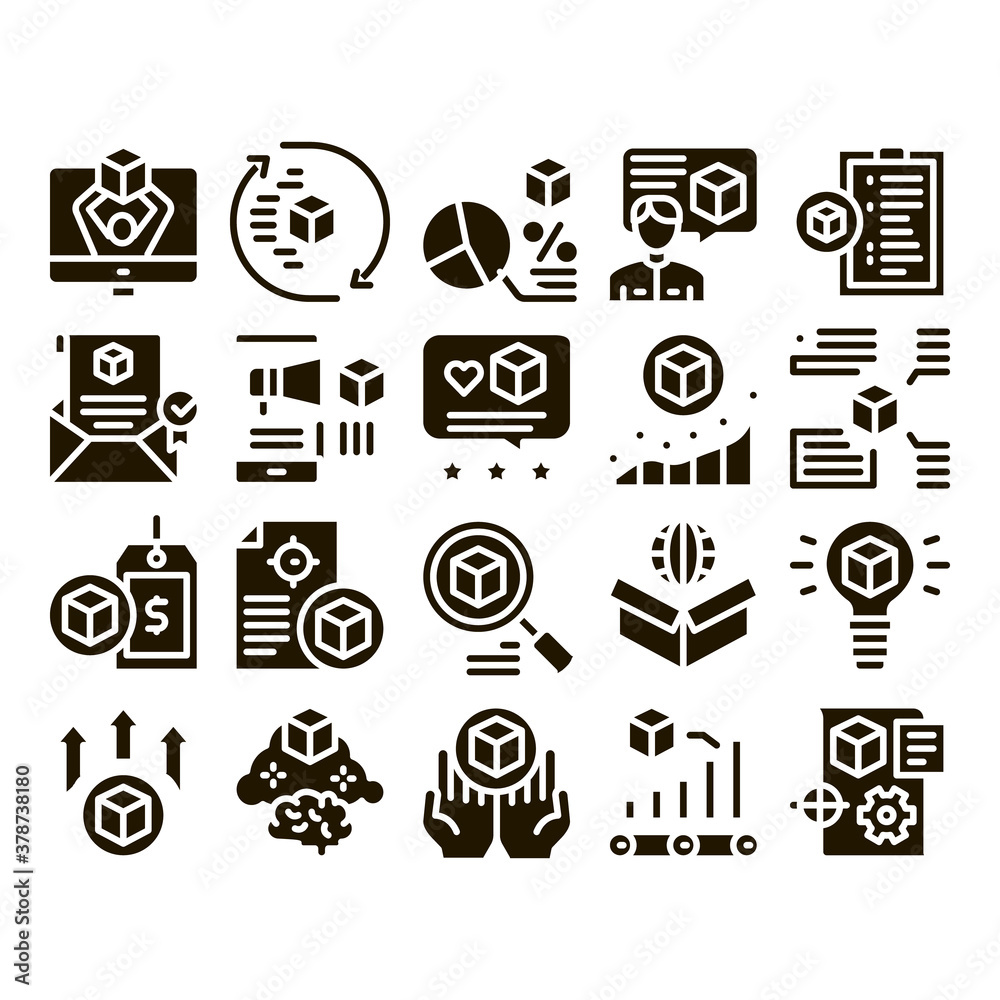 Product Manager Work Glyph Set Vector. Product Manager Business Idea And Price, Web Site And Research, Checklist And Analysis Glyph Pictograms Black Illustrations