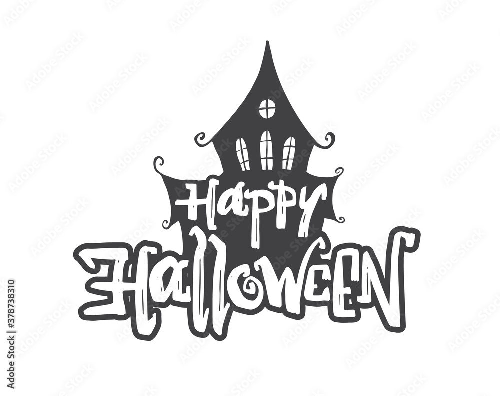 Obraz Happy Halloween type lettering composition with silhouette of witch haunted house