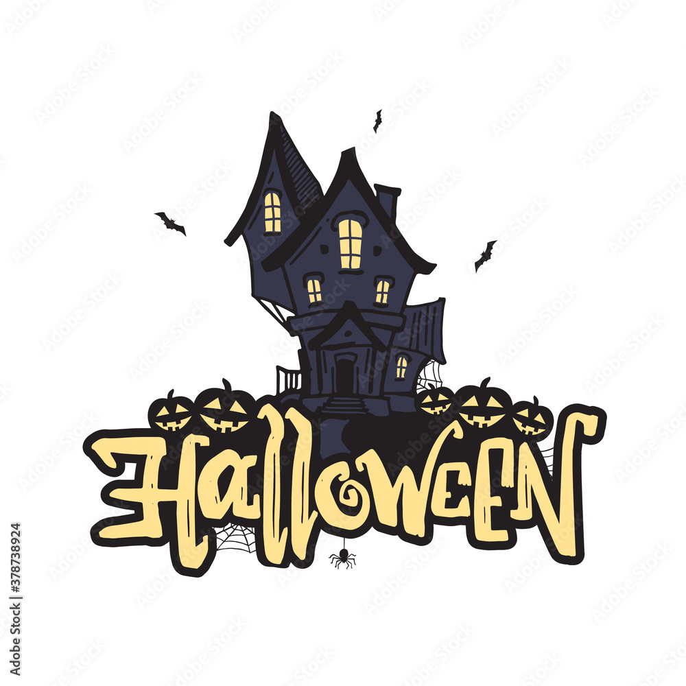 Handwritten type lettering of Halloween with hand drawn haunted house and pumpkins on white background