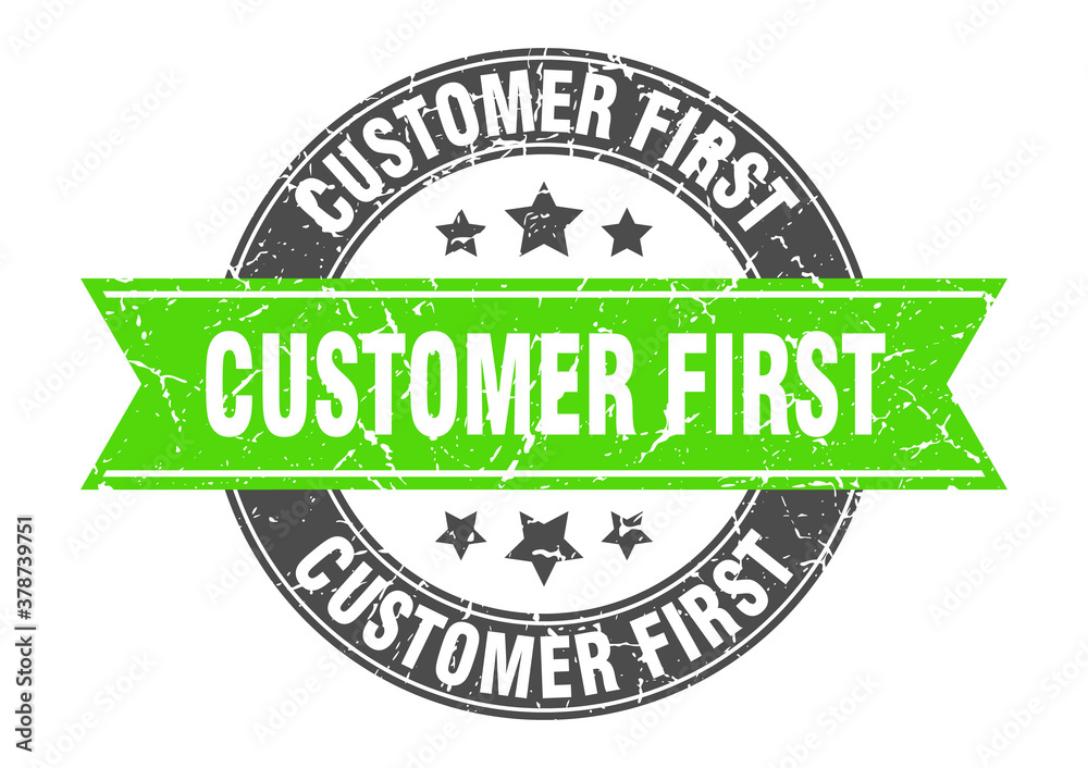 Fototapeta premium customer first round stamp with ribbon. label sign