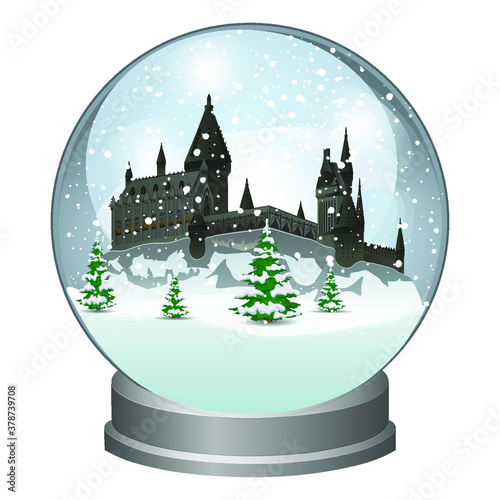Snow globe with Castle on the mountain. Winter fairy tale. School building of sorcery and magic. Vector illustration