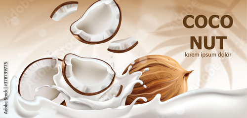 Whole and cracked open coconuts in milk splash. Realistic. 3D mockup product placement. Place for text