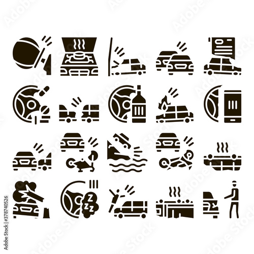 Car Crash Accident Glyph Set Vector. Car Crash And Burning, Airbag Deployed And Broken Engine, Drunk And Fell Asleep At Wheel Glyph Pictograms Black Illustrations