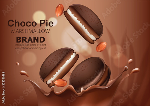 Whole and halves of marshmallow choco pies and peanuts falling in melted chocolate. Realistic. 3D mockup product placement. Place for text