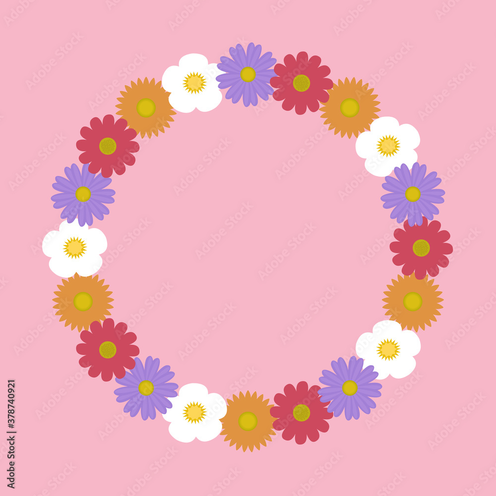 Postcard with frame from different flowers on pink background. Greeting card design Postcard with frame from different flowers on pink background. Greeting card design