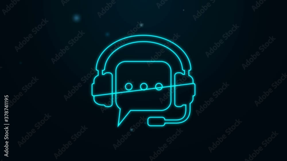 Glowing neon line Headphones with speech bubble icon isolated on black background. Support customer services, hotline, call center, guideline, maintenance. 4K Video motion graphic animation.