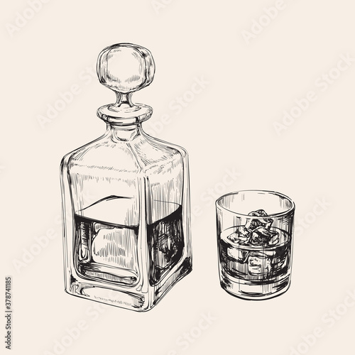 Whiskey Bottle and Glass. Hand Drawn Drink Vector Illustration