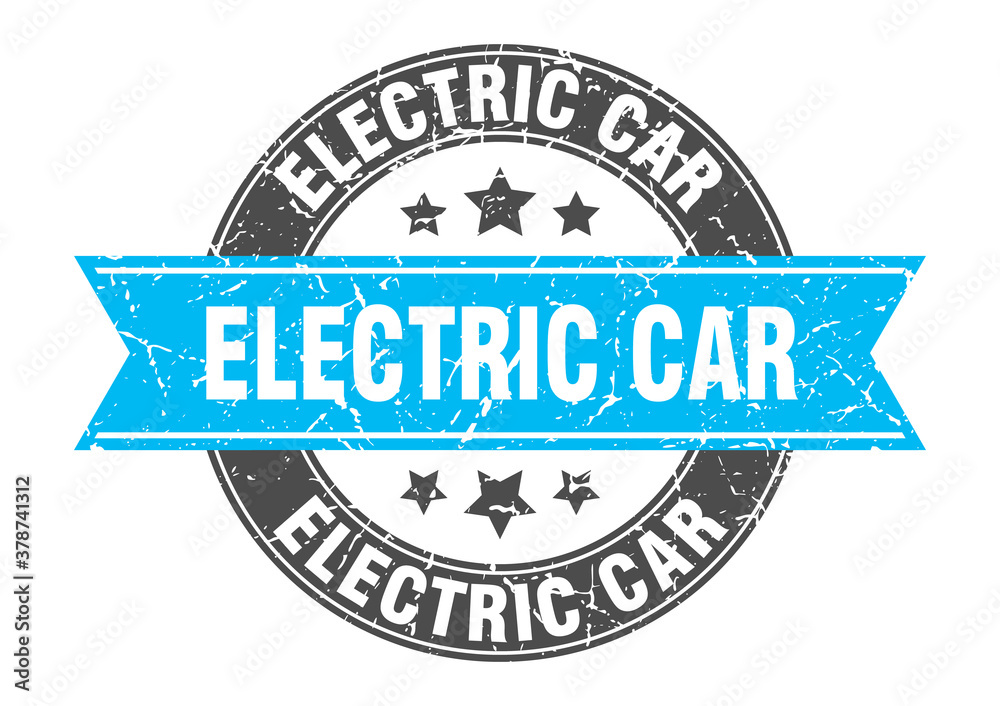 electric car round stamp with ribbon. label sign electric car round stamp with ribbon. label sign