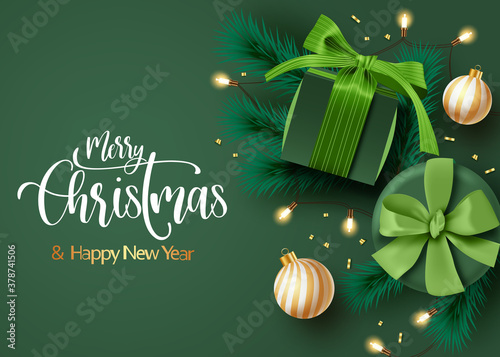 Christmas background vector template design. Merry christmas text with green gifts and leaves with gold lights and ball elements for christmas greeting card. Vector illustration 