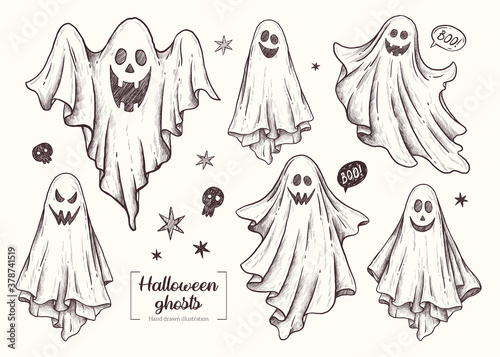 Halloween ghosts. Halloween animal. Vector Hand Drawn. Line art. Sketch Illustration. Ghost. 