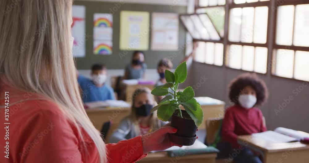 Female teacher showing a plant pot to group of kids in class at school Female teacher showing a plant pot to group of kids in class at school