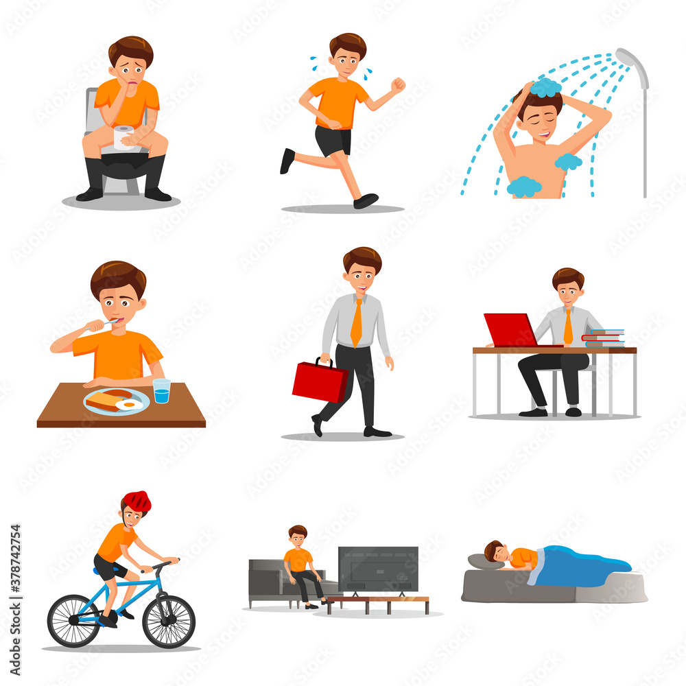collection of flat design of man characters of routine in cartoon version collection of flat design of man characters of routine in cartoon version