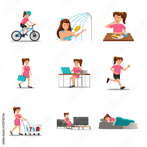 collection of flat design of cartoon woman characters of routine in cartoon version